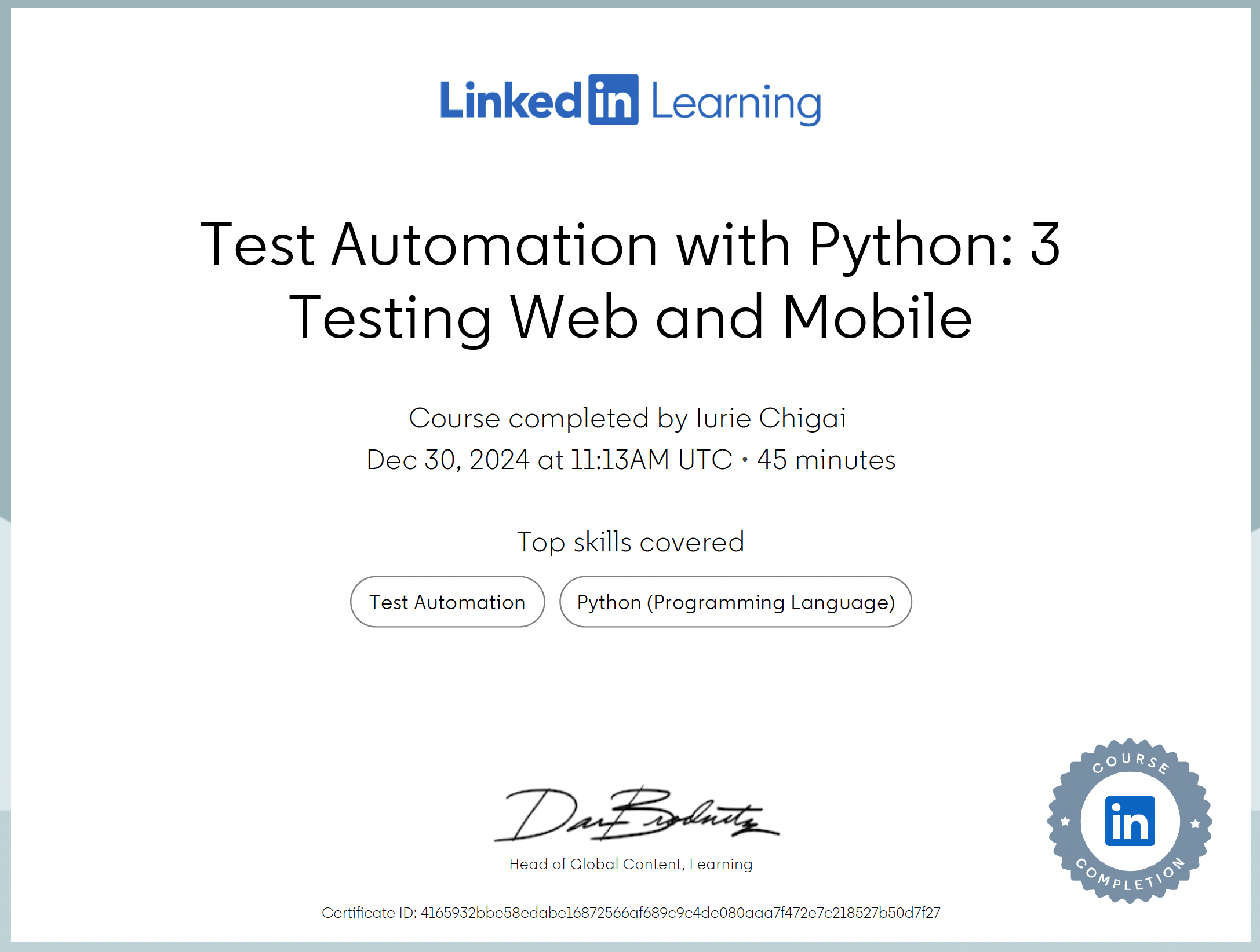 Test Automation with Python certificate issued by Linkedin